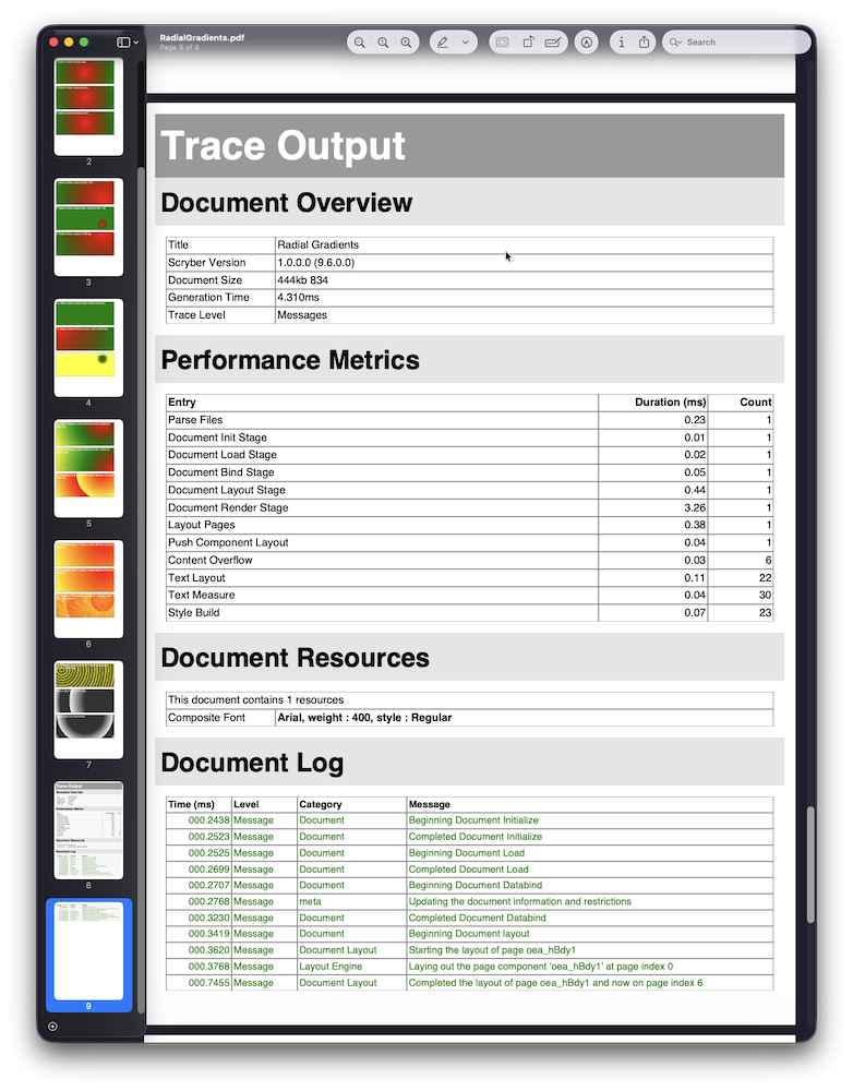 Trace log appended to the generated PDF as extra pages